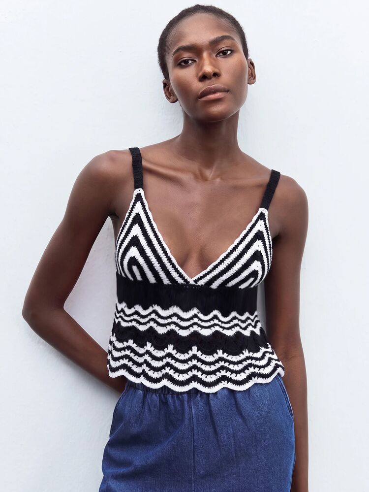 Maija Women's Colorblock Casual Versatile Daily Wear Knitted Camisole Top - Black and White - View 7