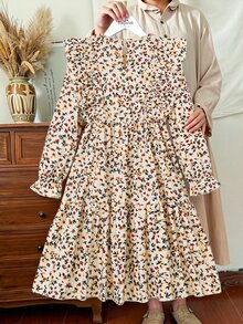 Tween女孩米色花卉長袖秋季洋裝 女童服飾 8至12歲 - 杏色 - 查看 2
