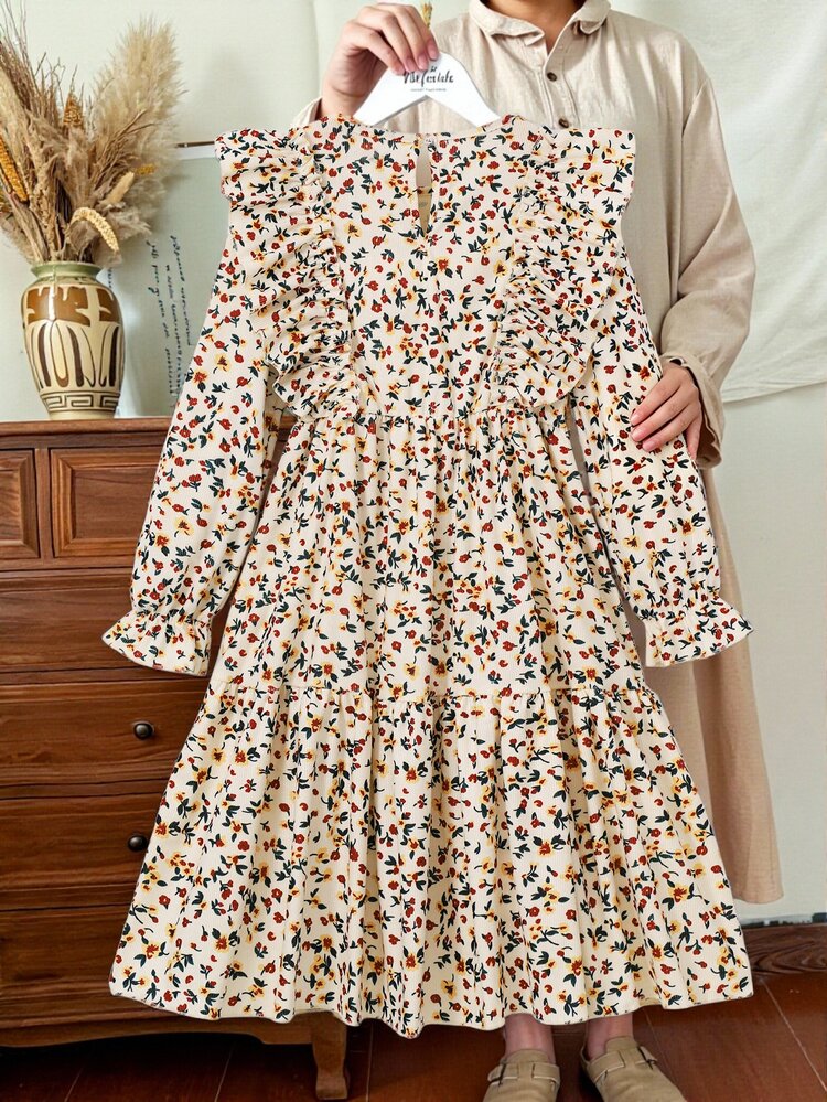 Tween Girl Beige Floral Long Sleeve Fall Dress Dresses For Girls Girls Clothes 8 To 12 Years - Apricot - View 2