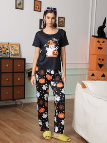 Chillnights Young Fashion Vibrant Fun Halloween Cartoon Ghost Pumpkin Spider Web Text Print Women's Pajama Set - Multicolor - View 5