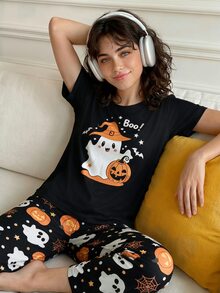 Chillnights Young Fashion Vibrant Fun Halloween Cartoon Ghost Pumpkin Spider Web Text Print Women's Pajama Set - Multicolor - View 8