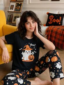 Chillnights Young Fashion Vibrant Fun Halloween Cartoon Ghost Pumpkin Spider Web Text Print Women's Pajama Set - Multicolor - View 1