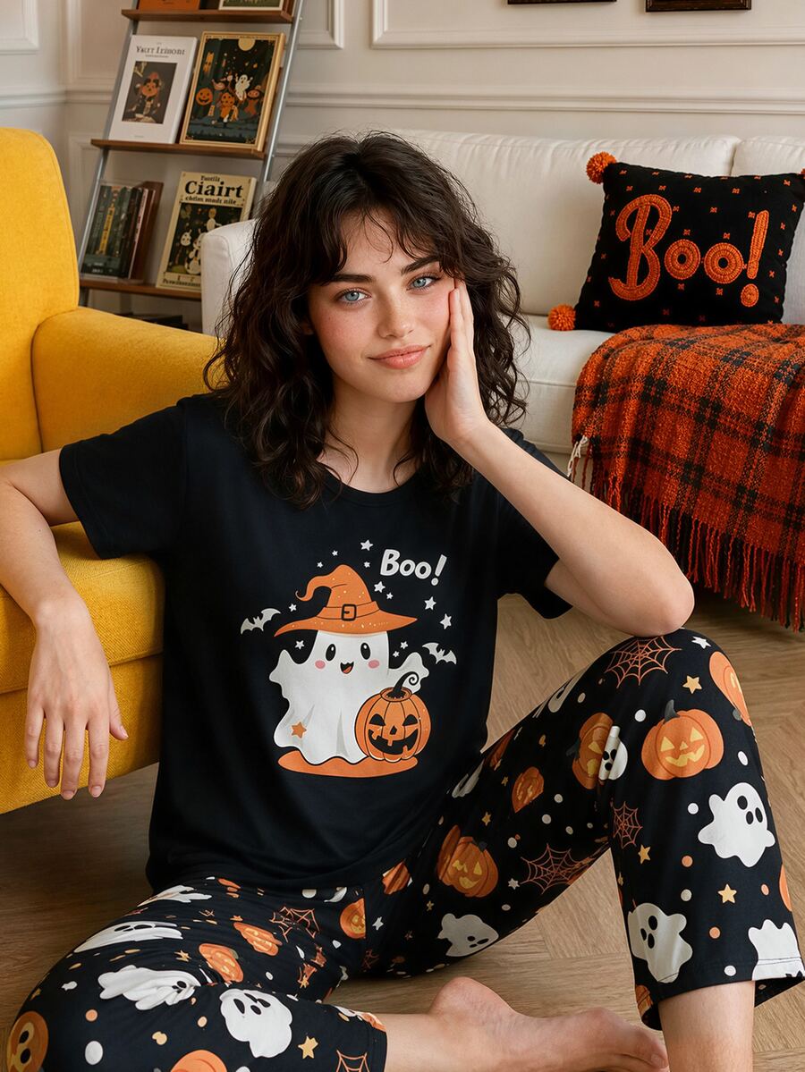 Chillnights Young Fashion Vibrant Fun Halloween Cartoon Ghost Pumpkin Spider Web Text Print Women's Pajama Set - Multicolor - View 1