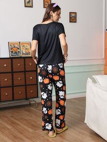 Chillnights Young Fashion Vibrant Fun Halloween Cartoon Ghost Pumpkin Spider Web Text Print Women's Pajama Set - Multicolor - View 3