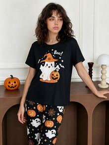 Chillnights Young Fashion Vibrant Fun Halloween Cartoon Ghost Pumpkin Spider Web Text Print Women's Pajama Set - Multicolor - View 10