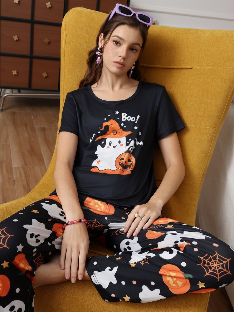 Chillnights Young Fashion Vibrant Fun Halloween Cartoon Ghost Pumpkin Spider Web Text Print Women's Pajama Set - Multicolor - View 7