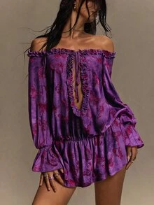 TypaGal Women's Frill Trim Cold Shoulder Butterfly Pattern Front Tie Hollow Out Sexy Fairy Boho Fairycore Mini Dress Autumn Purple Butterfly Night Out - Multicolor - View 4