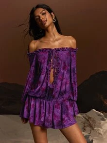 TypaGal Women's Frill Trim Cold Shoulder Butterfly Pattern Front Tie Hollow Out Sexy Fairy Boho Fairycore Mini Dress Autumn Purple Butterfly Night Out - Multicolor - View 6