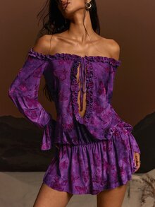 TypaGal Women's Frill Trim Cold Shoulder Butterfly Pattern Front Tie Hollow Out Sexy Fairy Boho Fairycore Mini Dress Autumn Purple Butterfly Night Out - Multicolor - View 1