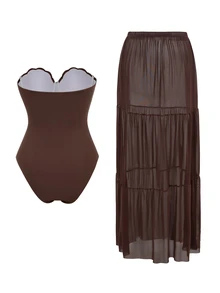 Swim Oasis 2026 Sexy Solid Black Bustier Tankini Swimsuit, Vacation Beach Crop Top And Mini Skirt 2 Pieces Set, Summer Essential - Brown - View 4