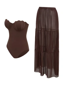 Swim Oasis 2026 Sexy Solid Black Bustier Tankini Swimsuit, Vacation Beach Crop Top And Mini Skirt 2 Pieces Set, Summer Essential - Brown - View 6