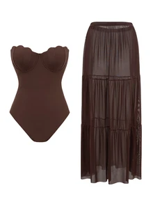 Swim Oasis 2026 Sexy Solid Black Bustier Tankini Swimsuit, Vacation Beach Crop Top And Mini Skirt 2 Pieces Set, Summer Essential - Brown - View 3