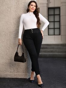 SHEIN Clasi Plus Size Women's Waist Button Design Casual Slim Fit Long Pants - Black - View 8