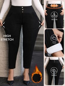 SHEIN Clasi Plus Size Women's Waist Button Design Casual Slim Fit Long Pants - Black - View 7