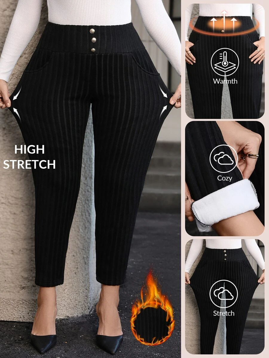 SHEIN Clasi بنطلون طويل كاجوال بقصة ضيقة وتصميم أزرار عند الخصر للنساء ذوات المقاسات الكبيرة