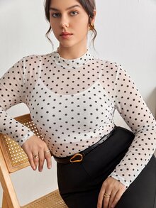 Maija Plus Size Women's Sheer Rose Floral Print Long Sleeve Fitted Top Fall - White - View 6