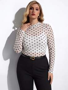 Maija Plus Size Women's Sheer Rose Floral Print Long Sleeve Fitted Top Fall - White - View 4