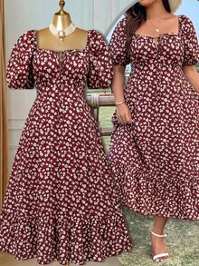 Breezaya Vestido de Talla Grande para Mujer Estilo Vintage Francés con Estampado Floral Pequeño, Cuello Cuadrado, Manga de Pétalo, Cintura Ceñida, Efecto Estilizador, Suave, Largo Medio, Elegante para Vacaciones - Marrón - Ver 7