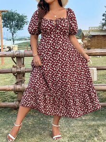 Breezaya Vestido de Talla Grande para Mujer Estilo Vintage Francés con Estampado Floral Pequeño, Cuello Cuadrado, Manga de Pétalo, Cintura Ceñida, Efecto Estilizador, Suave, Largo Medio, Elegante para Vacaciones - Marrón - Ver 6
