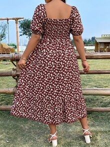 Breezaya Vestido de Talla Grande para Mujer Estilo Vintage Francés con Estampado Floral Pequeño, Cuello Cuadrado, Manga de Pétalo, Cintura Ceñida, Efecto Estilizador, Suave, Largo Medio, Elegante para Vacaciones - Marrón - Ver 2