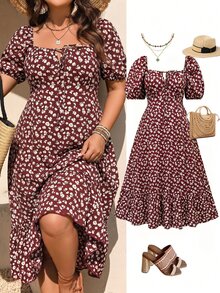 Breezaya Vestido de Talla Grande para Mujer Estilo Vintage Francés con Estampado Floral Pequeño, Cuello Cuadrado, Manga de Pétalo, Cintura Ceñida, Efecto Estilizador, Suave, Largo Medio, Elegante para Vacaciones - Marrón - Ver 1