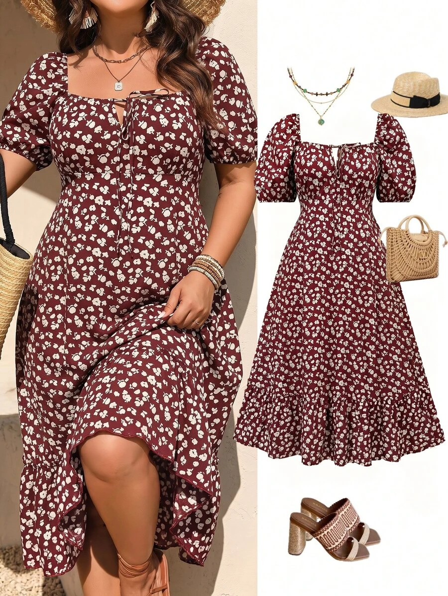 Breezaya Vestido de Talla Grande para Mujer Estilo Vintage Francés con Estampado Floral Pequeño, Cuello Cuadrado, Manga de Pétalo, Cintura Ceñida, Efecto Estilizador, Suave, Largo Medio, Elegante para Vacaciones - Marrón - Ver 1