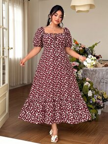 Breezaya Vestido de Talla Grande para Mujer Estilo Vintage Francés con Estampado Floral Pequeño, Cuello Cuadrado, Manga de Pétalo, Cintura Ceñida, Efecto Estilizador, Suave, Largo Medio, Elegante para Vacaciones - Marrón - Ver 5
