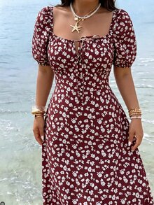 Breezaya Vestido de Talla Grande para Mujer Estilo Vintage Francés con Estampado Floral Pequeño, Cuello Cuadrado, Manga de Pétalo, Cintura Ceñida, Efecto Estilizador, Suave, Largo Medio, Elegante para Vacaciones - Marrón - Ver 3