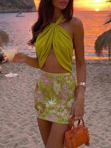 Aloruh Women's Vacation Solid Color Ruched Cropped Halter Top And Floral Sequin Skirt 2-Piece Set Vacation Outfits Women - Green - View 1