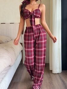 Dream Adore 3件套酒红色格子修身吊带背心、裤子和发圈女士睡衣套装 - 酒紅色 - 查看 4