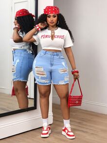 SHEIN Unity Plus Size Summer Casual Sexy Distressed Denim Shorts Formal Vacation Blue - Blue - View 6