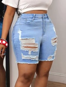 SHEIN Unity Plus Size Summer Casual Sexy Distressed Denim Shorts Formal Vacation Blue - Blue - View 5