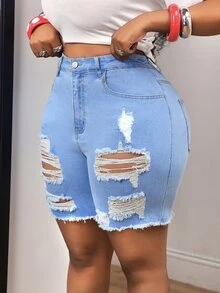 SHEIN Unity Plus Size Summer Casual Sexy Distressed Denim Shorts Formal Vacation Blue - Blue - View 3