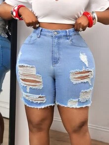 SHEIN Unity Plus Size Summer Casual Sexy Distressed Denim Shorts Formal Vacation Blue - Blue - View 4