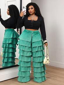 Slaydiva Plus Size Women's Button Casual Daily Wear Denim Wide Leg Pants - Green - View 6