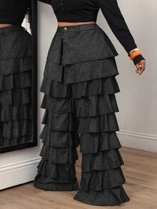 Slaydiva Plus Size Women's Multi-Layer Ruffle Loose Fashion Denim Wide Leg Pants - Black - View 3