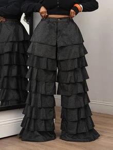 Slaydiva Plus Size Women's Multi-Layer Ruffle Loose Fashion Denim Wide Leg Pants - Black - View 1