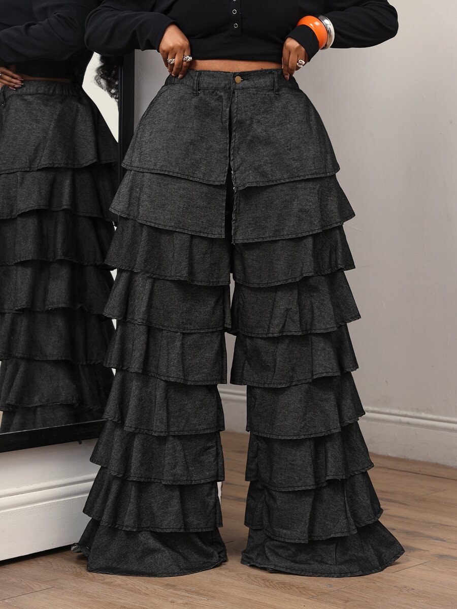 Slaydiva Plus Size Women's Multi-Layer Ruffle Loose Fashion Denim Wide Leg Pants - Black - View 1