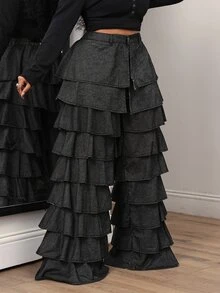 Slaydiva Plus Size Women's Multi-Layer Ruffle Loose Fashion Denim Wide Leg Pants - Black - View 4