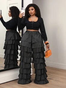 Slaydiva Plus Size Women's Multi-Layer Ruffle Loose Fashion Denim Wide Leg Pants - Black - View 5