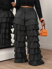 Slaydiva Plus Size Women's Multi-Layer Ruffle Loose Fashion Denim Wide Leg Pants - Black - View 6