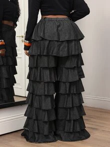 Slaydiva Plus Size Women's Multi-Layer Ruffle Loose Fashion Denim Wide Leg Pants - Black - View 2