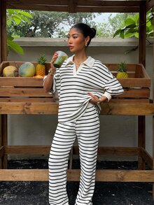 Muchica Plus Striped Print Drop Shoulder Tee & Pants - Black and White - View 7