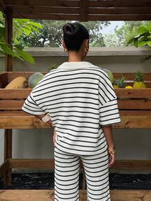 Muchica Plus Striped Print Drop Shoulder Tee & Pants - Black and White - View 2