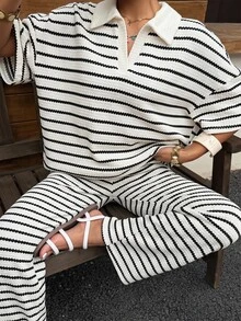 Muchica Plus Striped Print Drop Shoulder Tee & Pants - Black and White - View 3