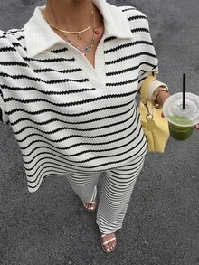 Muchica Plus Striped Print Drop Shoulder Tee & Pants - Black and White - View 5