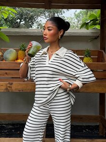 Muchica Plus Striped Print Drop Shoulder Tee & Pants - Black and White - View 1