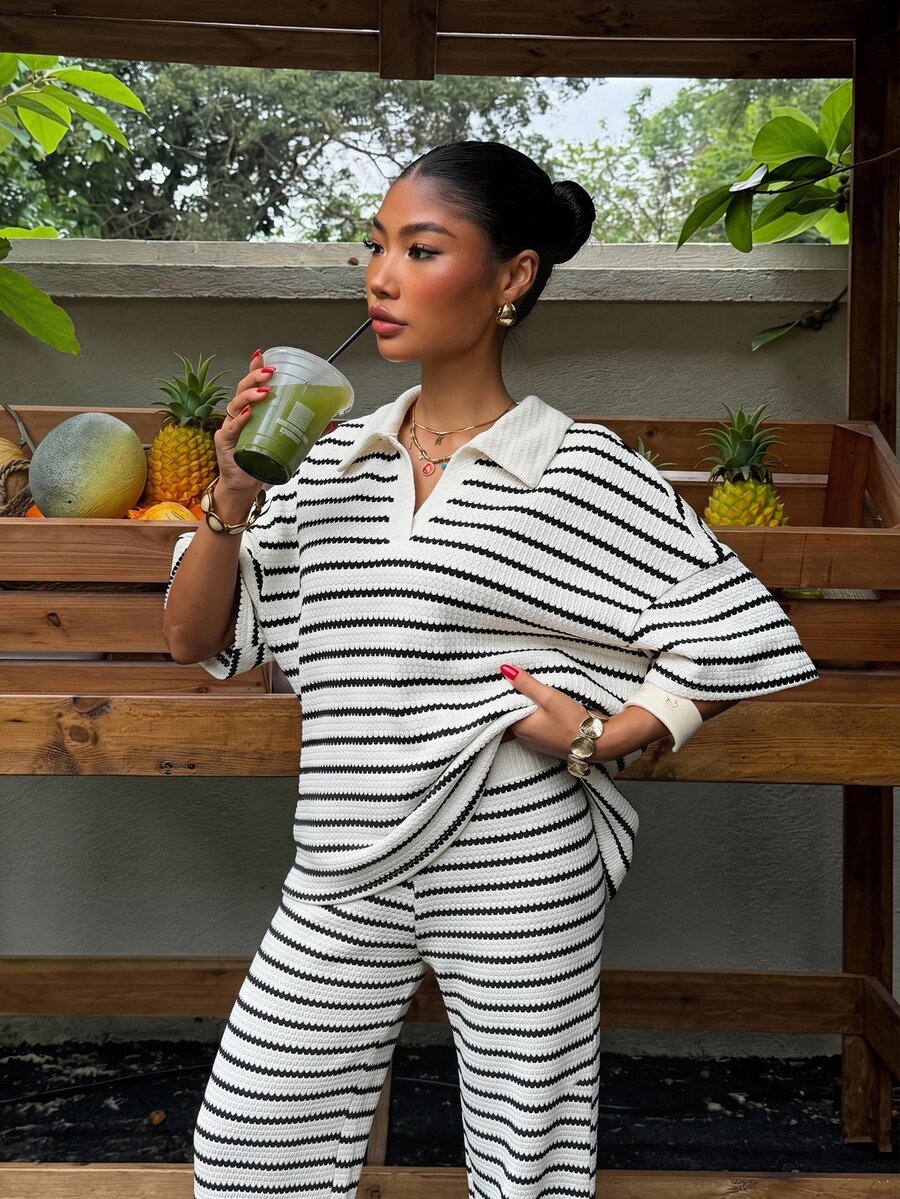 Muchica Plus Striped Print Drop Shoulder Tee & Pants - Black and White - View 1