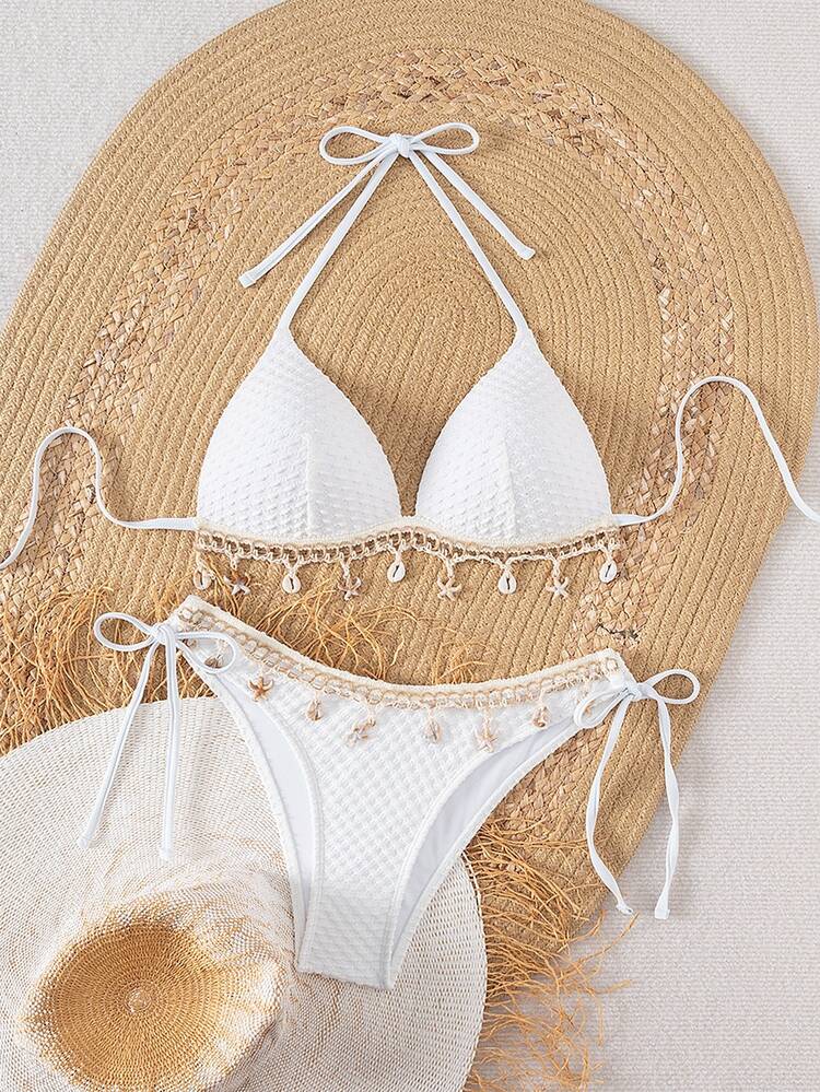 Swim Vcay Springbreak Solid Textured Fabric Shell Lanyard Decoration Halter Bikini Top & Tie-Up Triangle Bottoms, Summer Beach Party Women Bikini Set - White - View 5