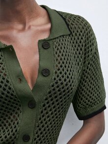 Maija 女款素色鏤空休閒百搭日常穿搭開襟衫 - 軍綠色 - 查看 8